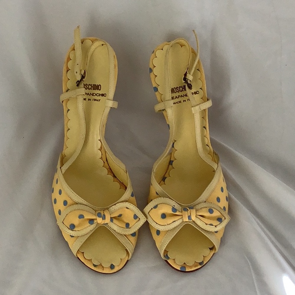 Moschino Cheap and Chic Yellow and Blue Polka Dot Open Toe Heels